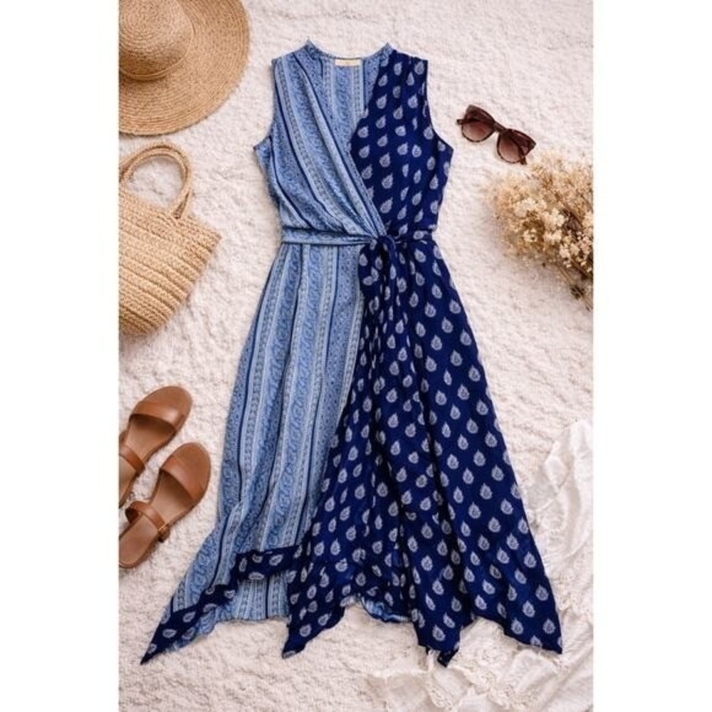 Maeve Anthropologie Mixed Print Dress Blue Boho Wrap Midi Sleeveless 4